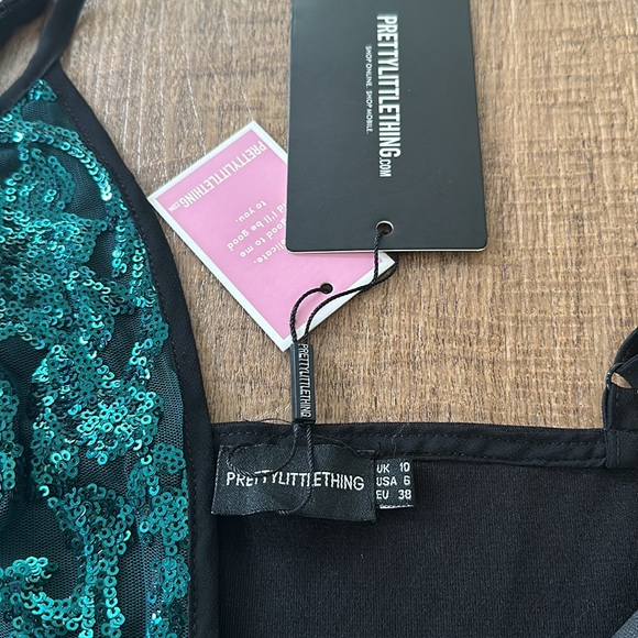 PrettyLittleThing Emerald Green/black Strappy Sequin Dress size 6 New w/tags - Picture 5 of 10